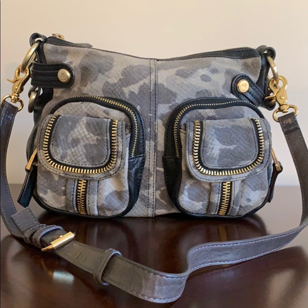 B. Makowsky gray camouflage print suede handbag
